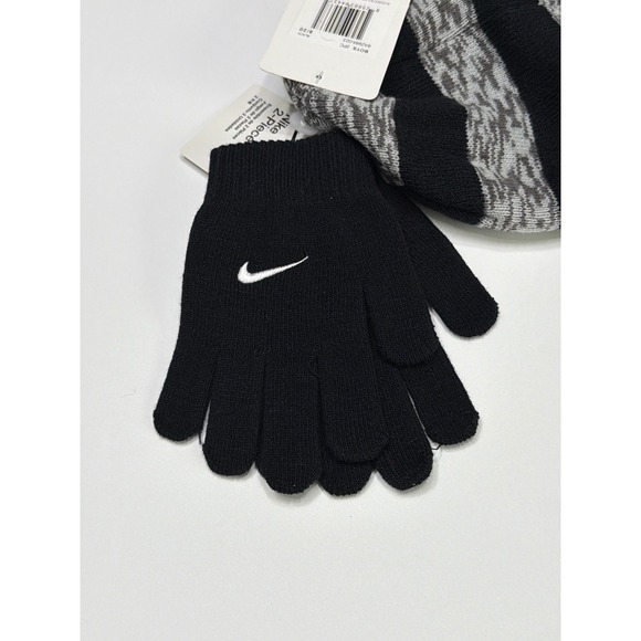 Nike Boys 2 Piece Set Beanie Hat & Gloves Black Grey Logo Winter Warm - Picture 3 of 5